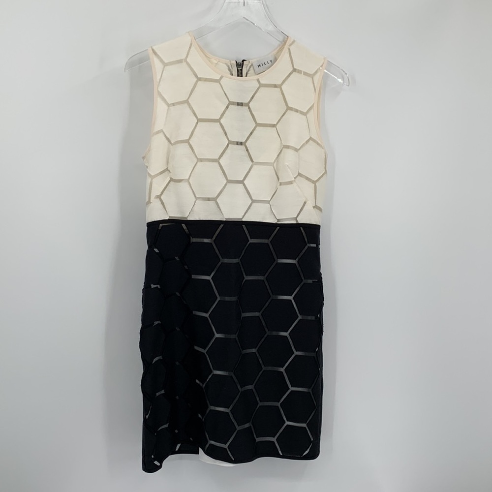 Milly black cream colorblock sleeveless shift sheath dress hexagon sheer 2